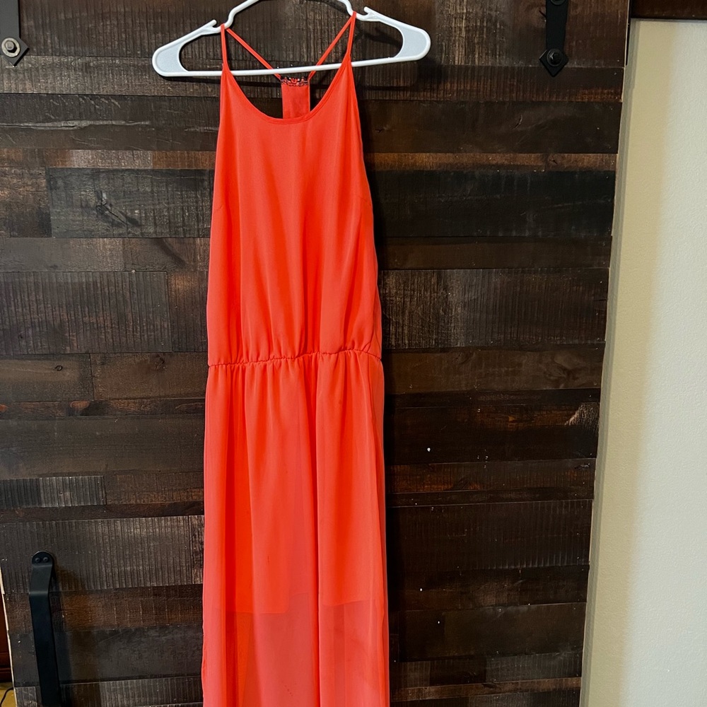 Orange dress great for Summer, Halter top style, sheer floor length